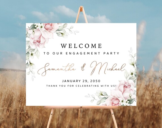 Blush pink roses Engagement party Welcome Sign, Greenery Engagement Party Decor, We are engaged, Bohemian, Eucalyptus, Decoration, A2