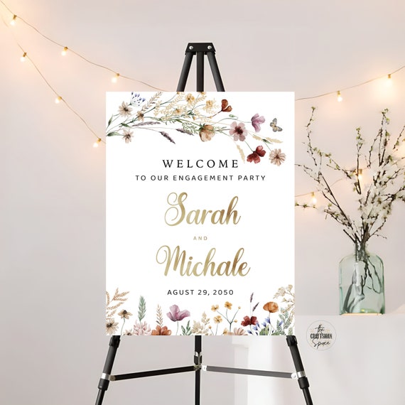 Tiny Floral We are engaged Welcome Sign, Wildflowers Engagement Party Sign, Engagement Party Decorations, Wedding Welcome Sign, Poster, TIY