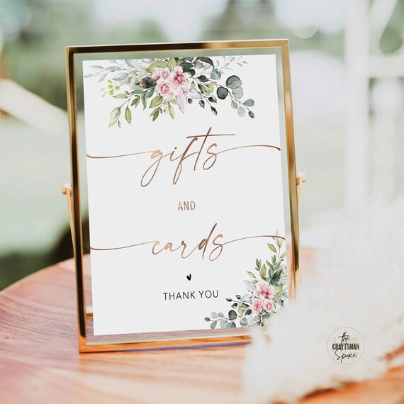 Blush Pink Greenery Cards and Gifts Sign, Minimalist Wedding Sign, Wedding Gifts Sign, Baby Shower Gift Sign, Bridal Shower Gift Sign, BG1