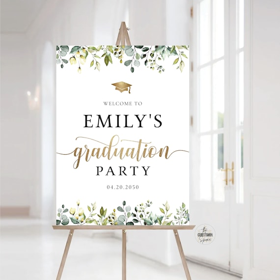 Greenery Graduation Party Welcome Sign, Digital File, Grad Party Sign, Graduation Decorations, Graduation Banner, Eucalyptus, Greenery, HB4