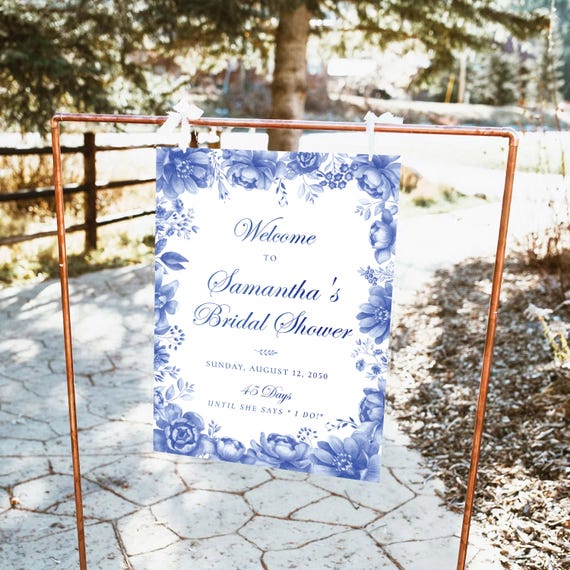 Blue Porcelain Bridal Shower Welcome Sign, Floral Chinoiserie Bridal Brunch Sign, Vintage Porcelain Wedding Shower Decor, Delft Blue, BP5