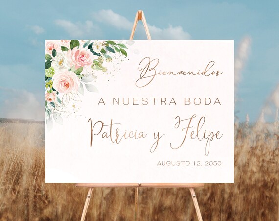 Blush Pink Roses Bienvenidos Sign a Nuestra Boda, Spanish Wedding Sign, Wedding Welcome Sign, Blush Pink Wedding Decorations, Printable, EB3