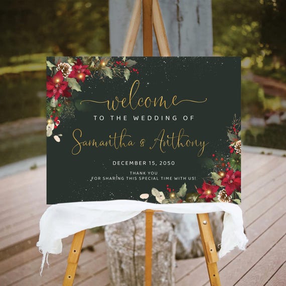 Christmas Wedding Welcome Sign, Winter Wedding Sign, Holiday wedding Sign, Rustic wedding sign, Poinsettia and Lights, Wedding Decor, CRM6