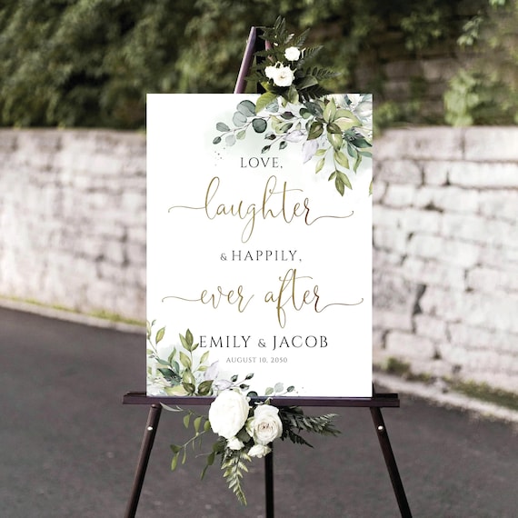 Greenery Love, Laughter & Happily Ever After Welcome Sign, Botanicals Wedding Decor, After Party Sign, Rehearsal Dinner sign, Herbal, HB2