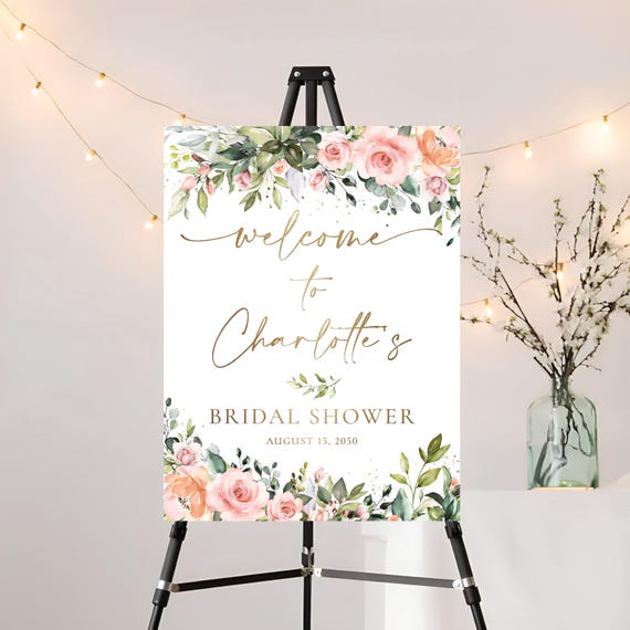 Greenery Pink Floral Bridal Shower Welcome Sign, Botanicals Bridal Brunch Sign, Elegant Wedding Shower Decorations, Eucalyptus, Herbal, GP2