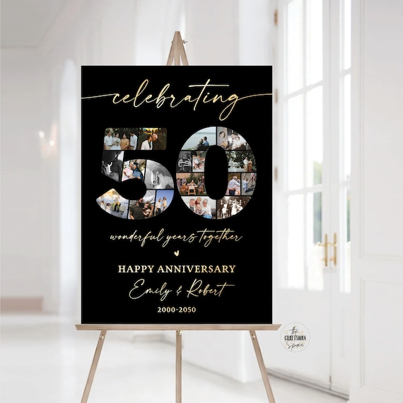 Custom 50th Anniversary Photo Collage Sign, 50th Anniversary Gift, Number 50 Year Picture Collage, Anniversary Gifts for Couple, Poster