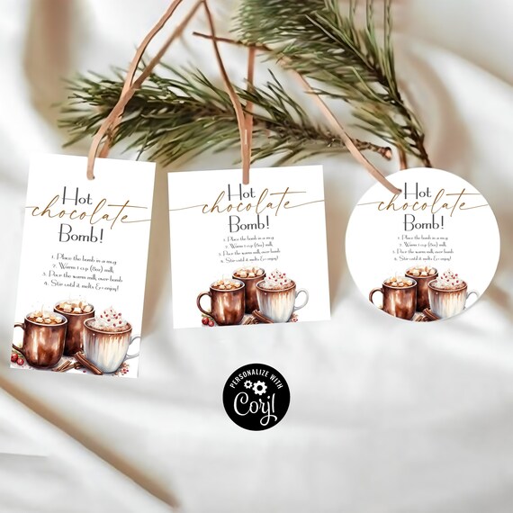 Christmas Hot chocolate Bomb Tag, Printable Bomb Directions Tags, Cocoa Favor Tags, Holiday Gift Tag, Christmas Favor Tag, Personalized Tags