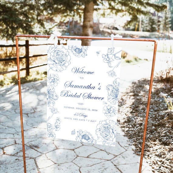 Floral Chinoiserie Bridal Shower Welcome Sign, Blue Porcelain Bridal Brunch Sign, Vintage Wedding Shower Decoration, Blue Toile de Jouy, BC1