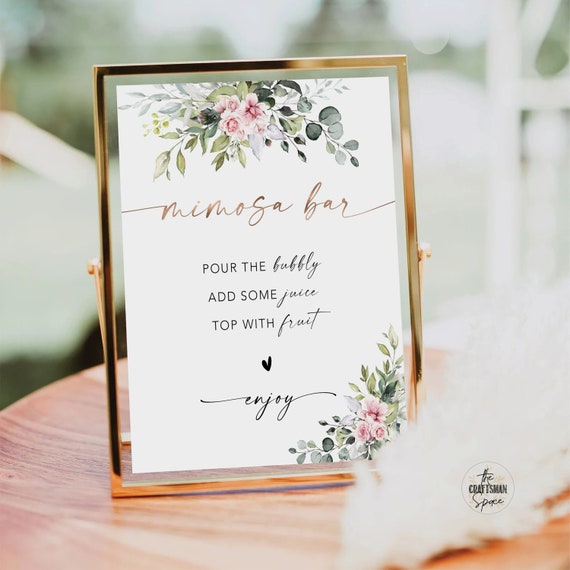 Blush Pink Greenery Mimosa Bar Sign, Wedding Sign Template, Wedding Gifts Sign, Baby Shower Gift Sign, Bridal Shower Mimosa Bar Sign, BG1