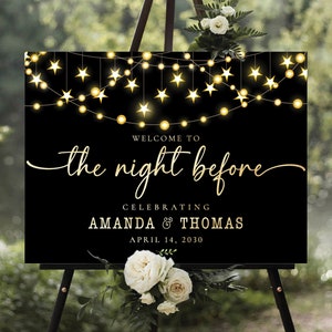 May include: Black welcome sign with gold lettering and stars. The sign reads "Welcome to the night before celebrating Amanda & Thomas April 14, 2030".