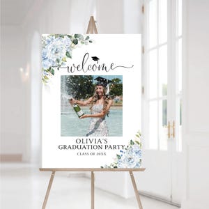 May include: A graduation party welcome sign on a wooden easel. The sign features a photo of a graduate popping champagne, with text that reads "Welcome" and "Olivia's Graduation Party, Class of 20XX." Floral accents in blue and green complete the design.