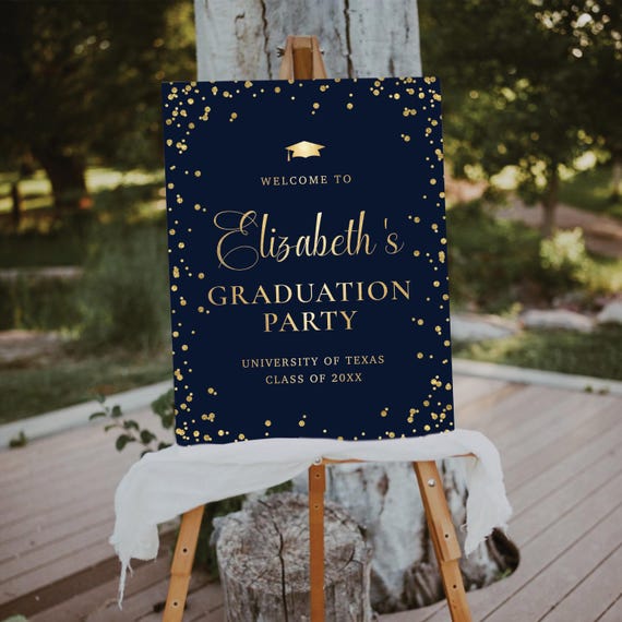 Navy Blue Graduation Welcome Sign, Modern Grad Party Decor, Gold Confetti (Digital Printable)