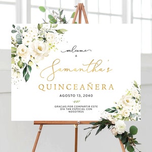 White roses Quinceañera Welcome Sign, Quinceanera Sign, Quinceanera Decorations, 15th Birthday Sign, Baby shower sign, Sweet 16 sign, WR4