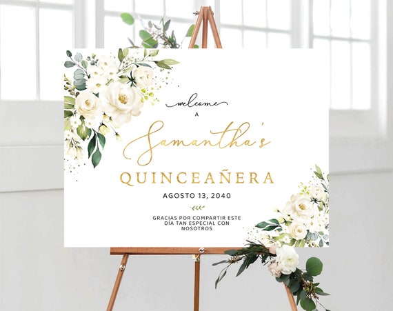 White roses Quinceañera Welcome Sign, Quinceanera Sign, Quinceanera Decorations, 15th Birthday Sign, Baby shower sign, Sweet 16 sign, WR4