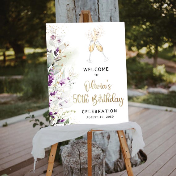 Greenery Purple Happy Birthday Welcome Sign, 50 Years Loved Welcome Sign, 50th Birthday Sign, Happy Birthday Decorations, Eucalyptus, GPU