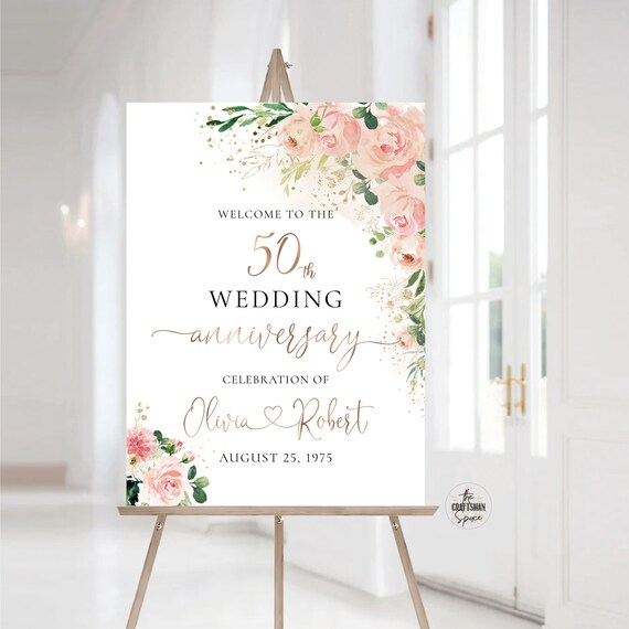 50th Wedding Anniversary sign, Blush Pink Roses 50th Anniversary sign, 50th anniversary sign Printable, 50th Anniversary decorations, EB1