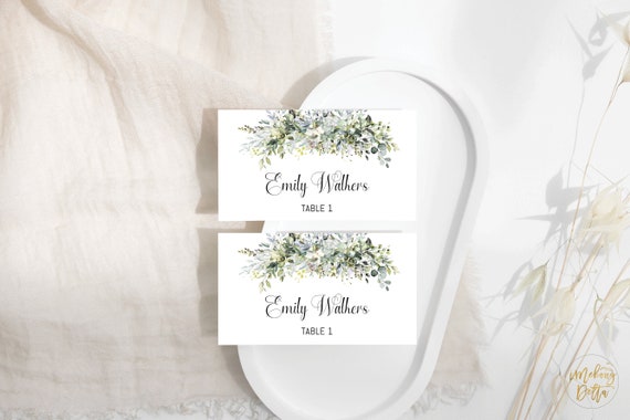 Greenery Table Name Card, Wedding Place Cards, Eucalyptus Watercolor Greenery Leaves, Flat and Tentfolded, Eucalyptus, greenery, HB1
