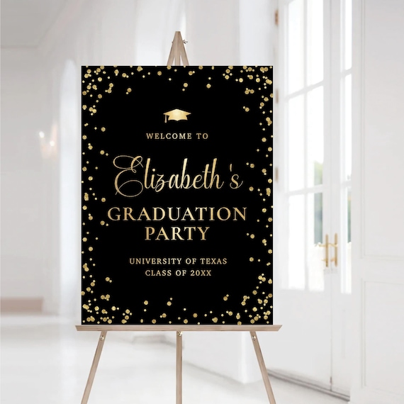 Black and Gold Graduation Welcome Sign, Minimalist Grad Party Decor (Digital Printable)