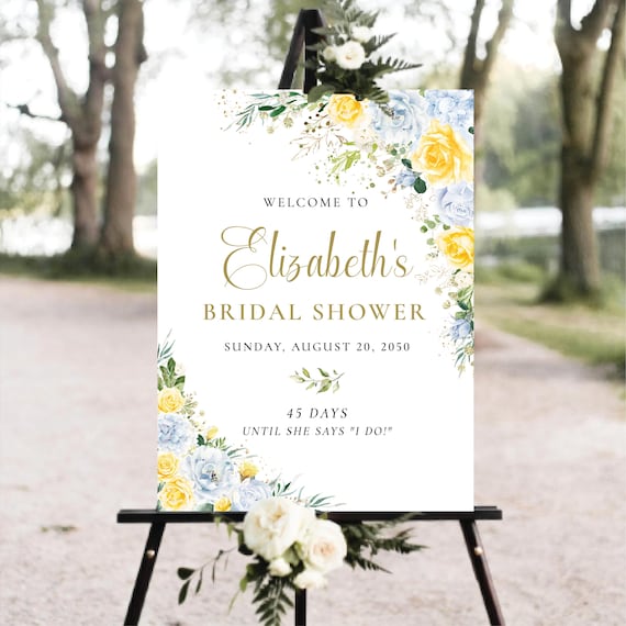 Blue Yellow Floral Bridal Shower Welcome Sign Template, Printable Modern Wedding Shower Decoration, Boho Floral Editable Bridal Brunch Sign