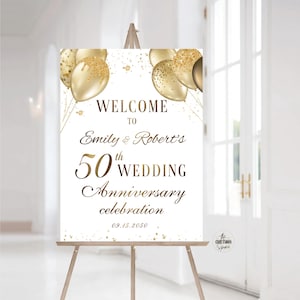 Modern 50th Anniversary Welcome Sign: Elegant Party Decor, Gold Balloons and Confetti (Digital Printable)