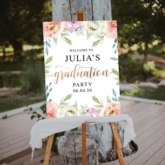 Graduation Party Welcome Sign, Blush Pink Roses Grad Party Sign, Graduation Decoration, Grad Poster, Graduation Banner, Botanicals Grad Sign