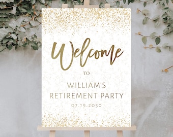Elegant Gold Retirement Party Welcome Sign, Minimalist, Glitter (Digital Printable)
