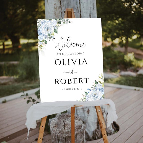 Dusty blue flowers Wedding Welcome Sign, Botanicals Wedding Rehearsal Decorations, Modern Wedding Sign, Bridal Shower Sign, Eucalyptus, LB5