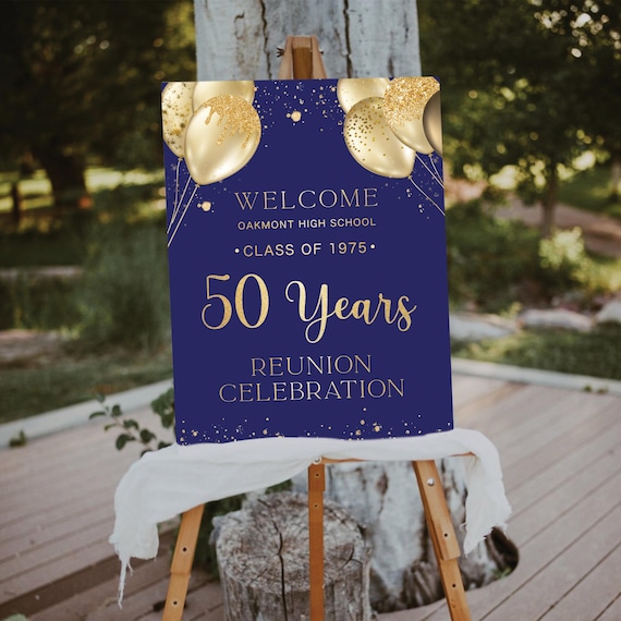 Class Reunion Welcome Sign, Gold Balloons & Confetti, Printable Any class any year Reunion Welcome Poster, 50 year High School Reunion Sign
