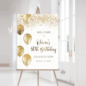 60. Geburtstag Party Zeichen, 50. Geburtstag Willkommensschild, 70. Geburtstag Feier Zeichen, Luftballons Geburtstagsschild, Schwarz und Gold Geburtstagsschild
