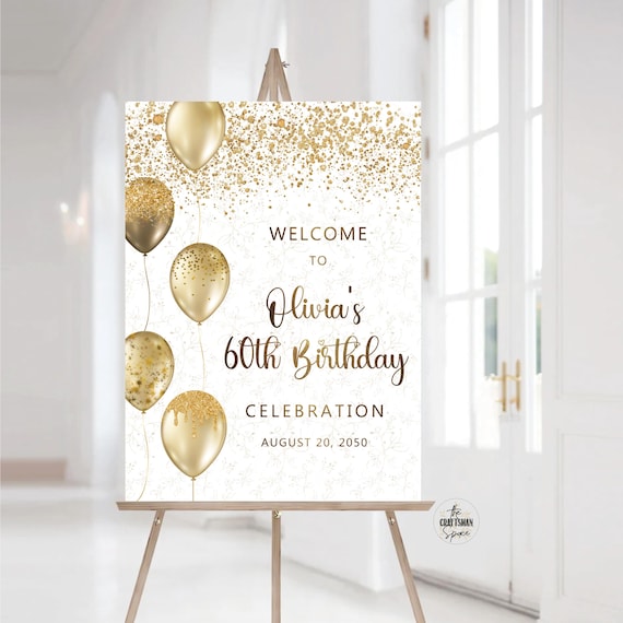 60th Birthday Party Sign, 50th Birthday Welcome Sign, 70th Birthday Celebration Sign, Balloons Birthday Sign, Black and Gold Birthday Sign
