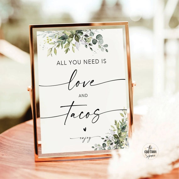 Greenery Love and Tacos Sign, Taco Bar Sign, Minimalist Taco Wedding Sign, Modern Bridal Shower Taco Bar, Rehearsal Dinner Taco Sign, HB2