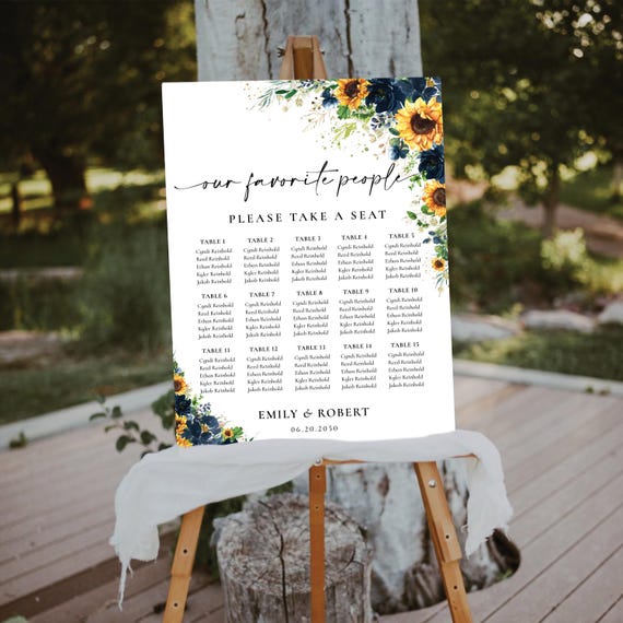 Floral Wedding Seating Chart, Sunflower Wedding Table Plan Sign, Navy and Yellow flowers Wedding Seating Plan, Find Your Seat, Digital file