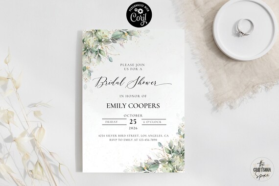 Greenery bridal shower Invitation, Corjl, Wedding shower invite, 100% Editable, Bridal brunch invite, Eucalyptus