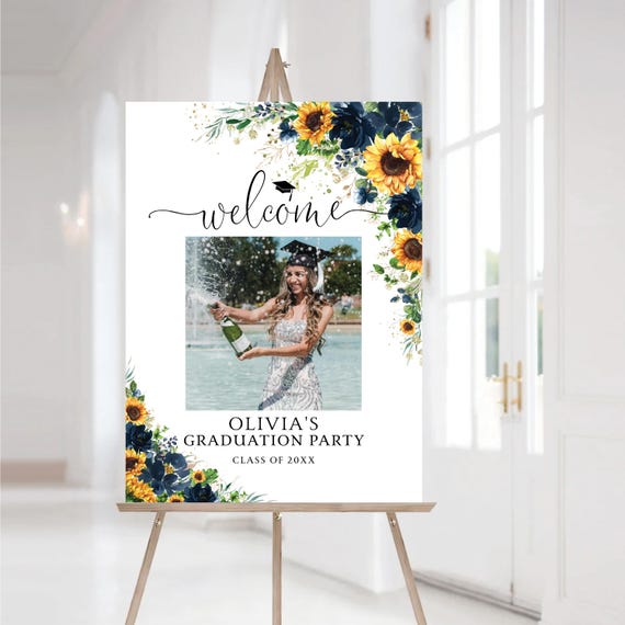 Sunflower Blue Graduation Party with Photo Welcome Sign, Navy Grad Party Sign, Modern Graduation Decor, Blue Graduation Sign, Bohemian, SN1