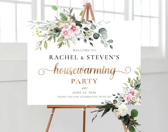 Greenery blush pink Housewarming Party Welcome Sign, New Home Party, New House Party Sign, House warming welcome sign, Eucalyptus, BG1
