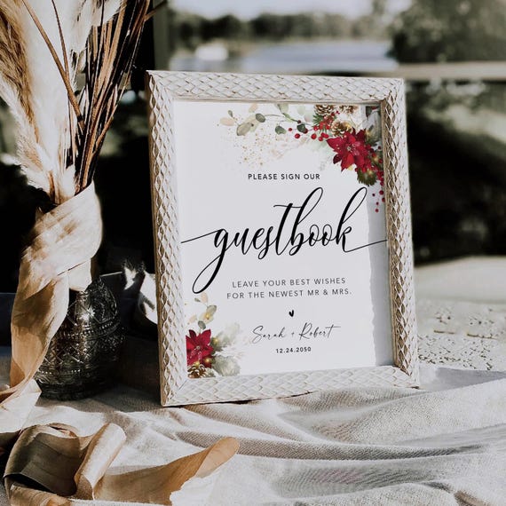 Christmas Guestbook Wedding Sign, Red Poinsettia (Digital Printable)