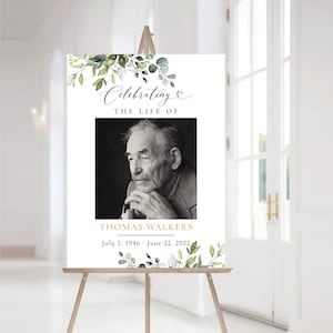Letrero de bienvenida para funerales con vegetación, letrero conmemorativo, letrero de bienvenida para celebrar la vida, decoración funeraria, póster de celebración de la vida, eucalipto, HB2