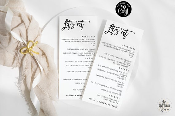 Modern wedding Menu Template, Modern Wedding Menu, Minimal Wedding, Wedding Table Decor, Editable, Corjl