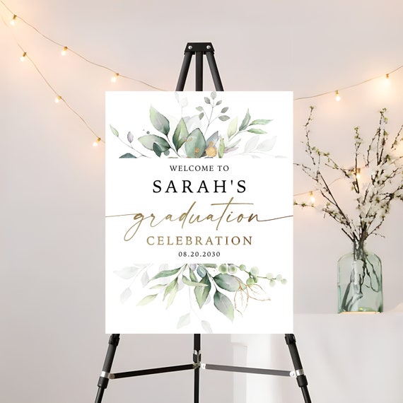 Greenery Graduation Party Welcome Sign, Grad Party Sign, Graduation Decorations, Editable, Graduation Banner, Poster, Botanicals, Eucalyptus