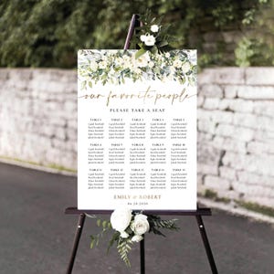 Modelo de gráfico de assentos para casamento com flores e folhagens, placa de plano de mesa de convidados moderna para impressão, gráfico de assentos de mesa rústico editável, decoração de casamento
