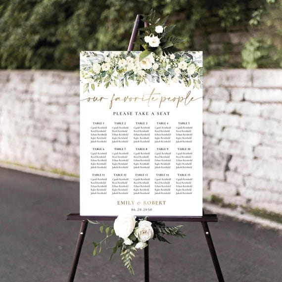 Greenery Wedding Table Seating Chart, White flowers Wedding Table Plan, Botanical Wedding Seating Plan Sign, Find Your Seat, Digital file