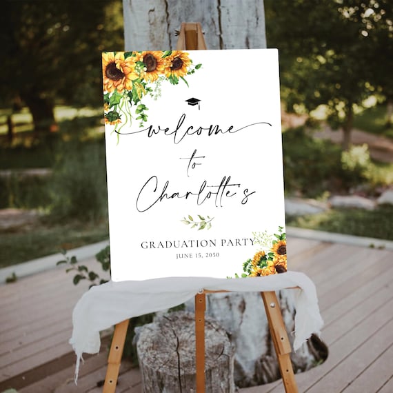 Sunflower Graduation Party Welcome Sign, Sunflower Graduation Decor, Greenery Grad Party Sign, Modern Grad Sign, Eucalyptus, Bohemian, SF1
