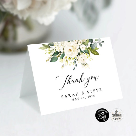White roses Wedding Thank you Card, Folded Thank you Card, 100% Editable, Digital File, Corjl, White roses, WR1