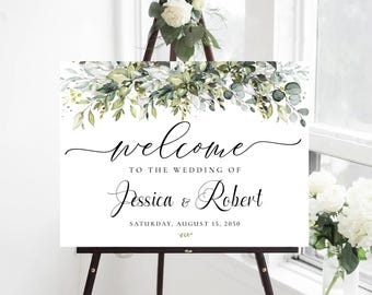 Greenery Wedding Welcome Sign, Elegant Eucalyptus Wedding Welcome Poster, Printable Botanical Wedding Welcome Sign, Custom Digital File, HB1