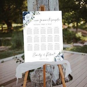 Modelo de gráfico de assentos para casamento em azul-marinho empoeirado, placa de plano de mesa de convidados moderna para impressão, gráfico de assentos de mesa rústico editável, decoração de casamento