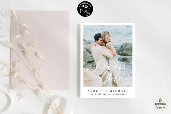 Save the Date with Pictures Template, Printable Save the Date Card, Engagement Photo Save the Dates Editable, Corjl, M2