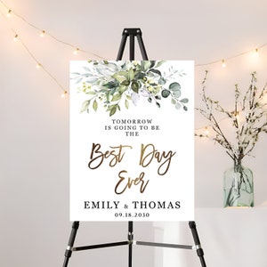 Best Day Ever Welcome Sign, Greenery Rehearsal Dinner Welcome Sign, Rehearsal Dinner Sign, Wedding Welcome Sign, Eucalyptus, Gold, HB2