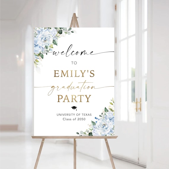 Blue Floral Graduation Party Welcome Sign, Greenery Grad Celebration Decor (Digital Printable)