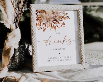 Fall Floral Wedding Open Bar Sign: Drinks On Us, Autumn Leaves (Digital Printable)