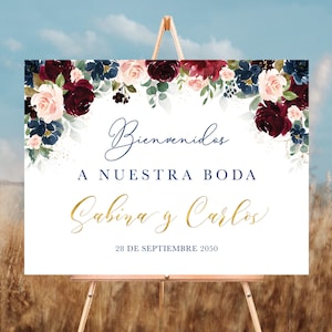 Burgundy and Navy Bienvenidos Sign a Nuestra Boda, Spanish Wedding, Burgundy and Navy Rehearsal Sign, Wedding Decor, Wedding Poster, BDY1